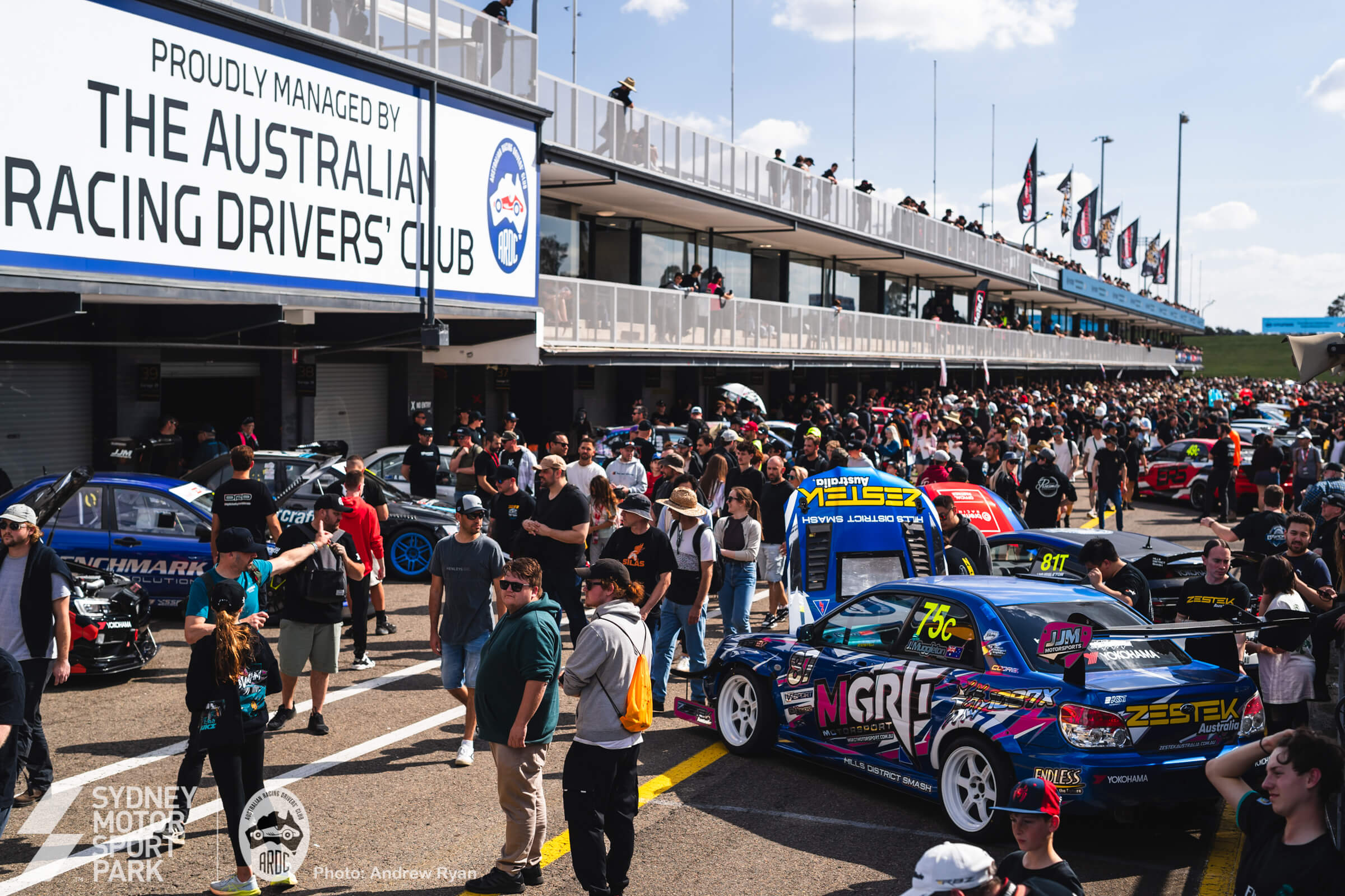 Classic muscle cars on display in the paddock