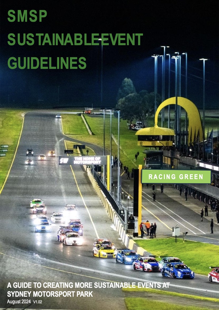Cover of the SMSP Sustainable Event Guidelines: a night race start under lights, headed
                    &ldquo;Racing Green&rdquo;