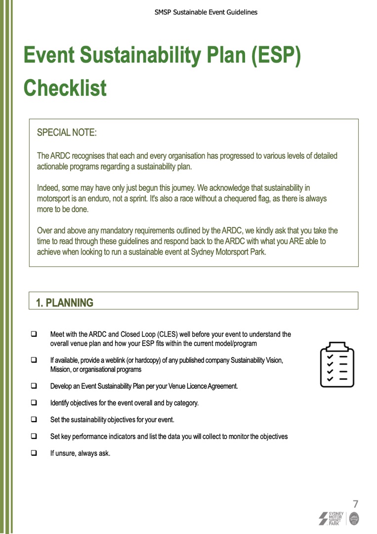 Page 7, the Event Sustainability Plan checklist, opening with a special note and the
                    planning section