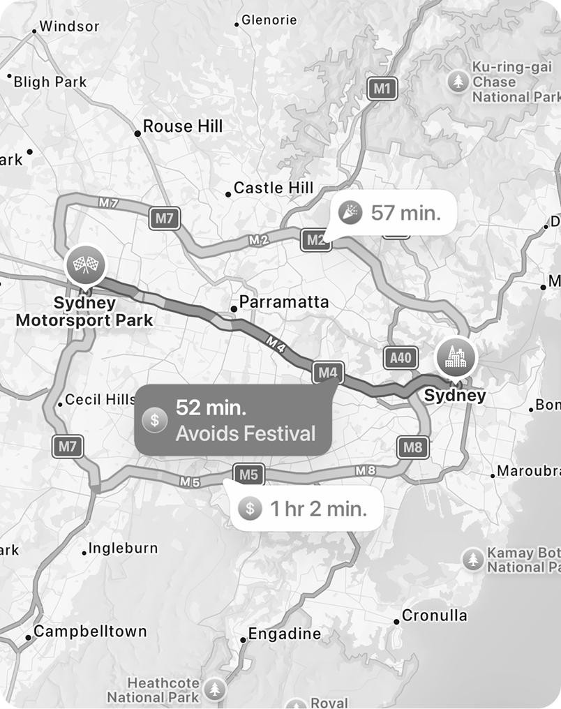 Road map of greater Sydney showing motorway routes from the CBD to Sydney Motorsport Park
