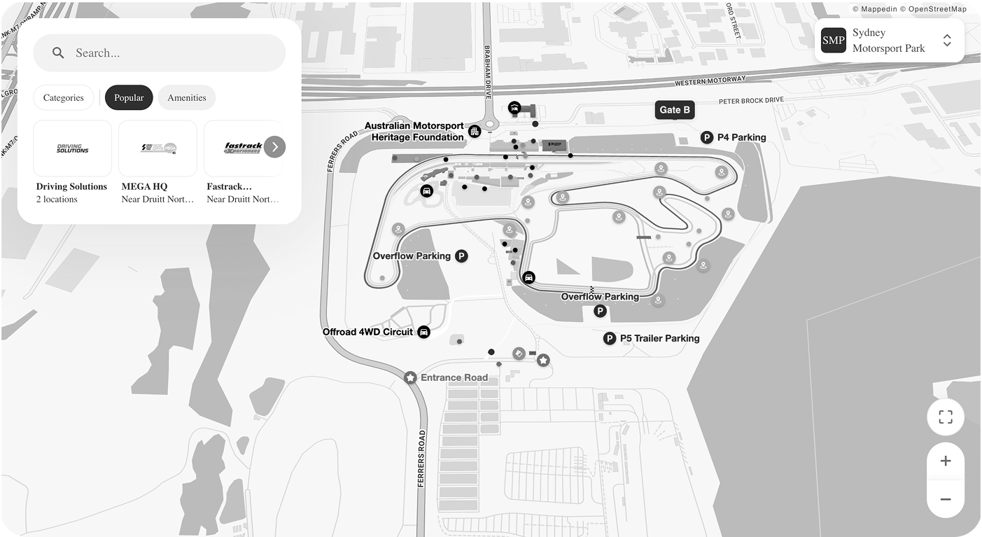 Plan view of the Sydney Motorsport Park precinct at Eastern Creek, showing the circuit, gates, entrance road and car parks