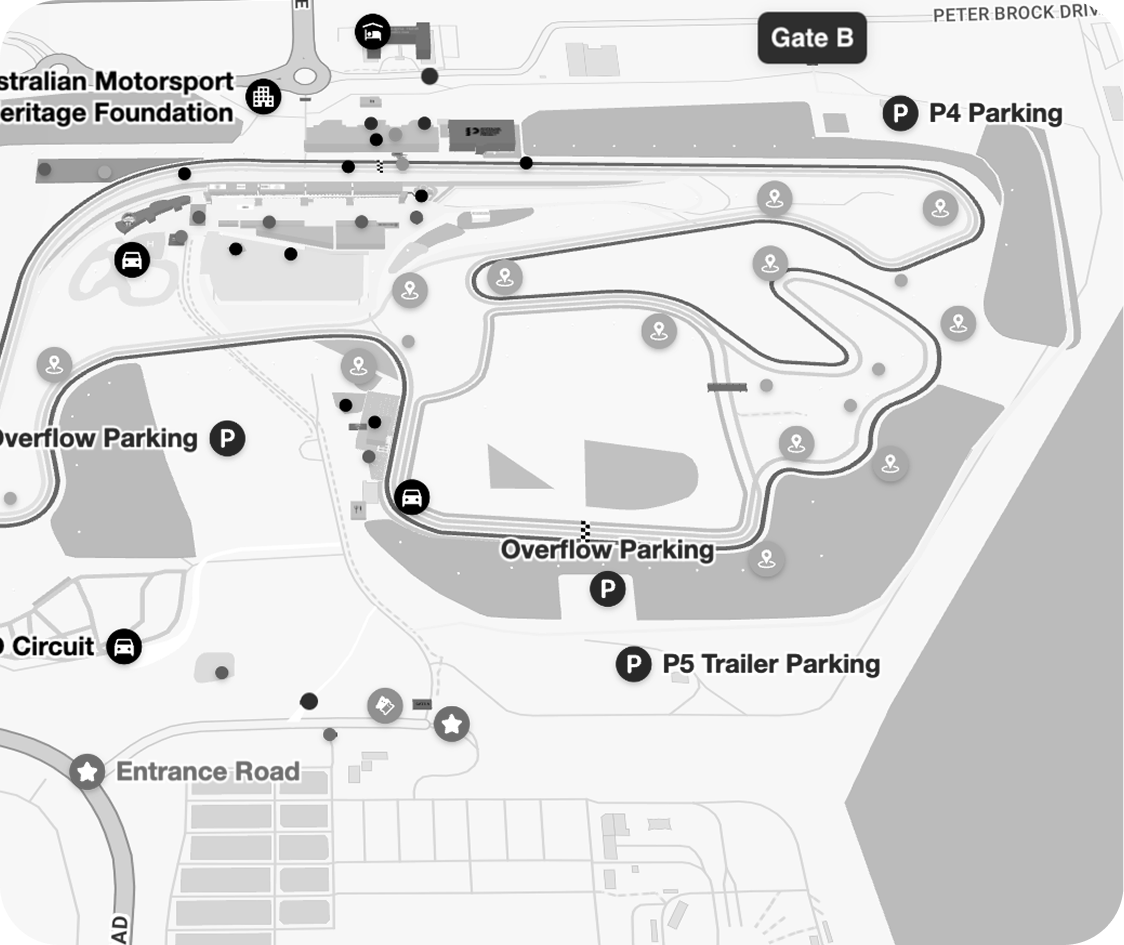 Venue plan of Sydney Motorsport Park marking Gate B, car parks and the entrance road